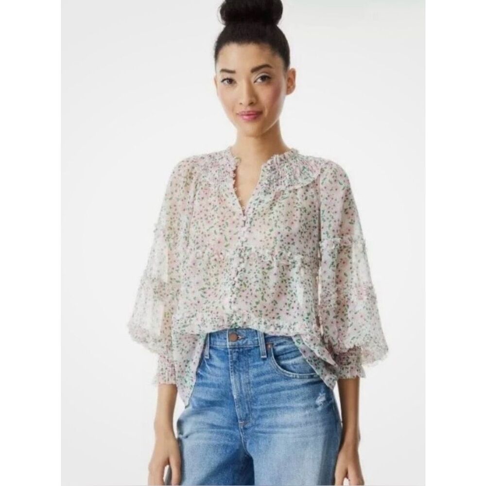 Alice + Olivia Margery Pink Floral Print Sheer Blouse Size XL